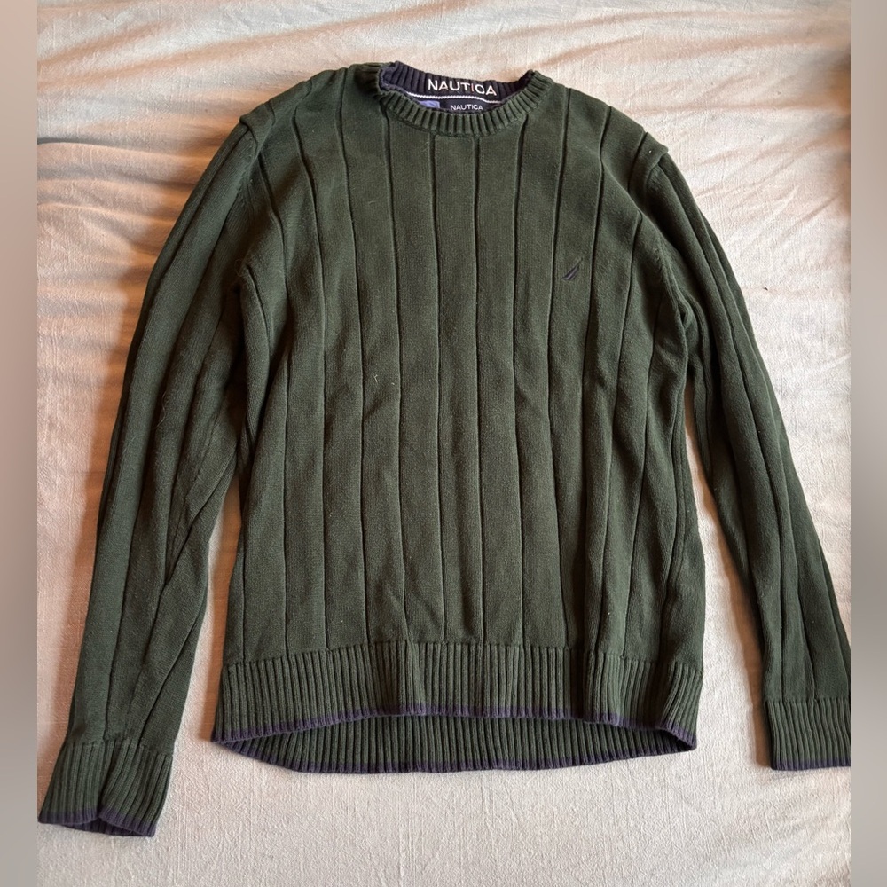Nautica Mens Hunter Green Size L Heavy Knit Cotton Crew Neck Sweater Fall